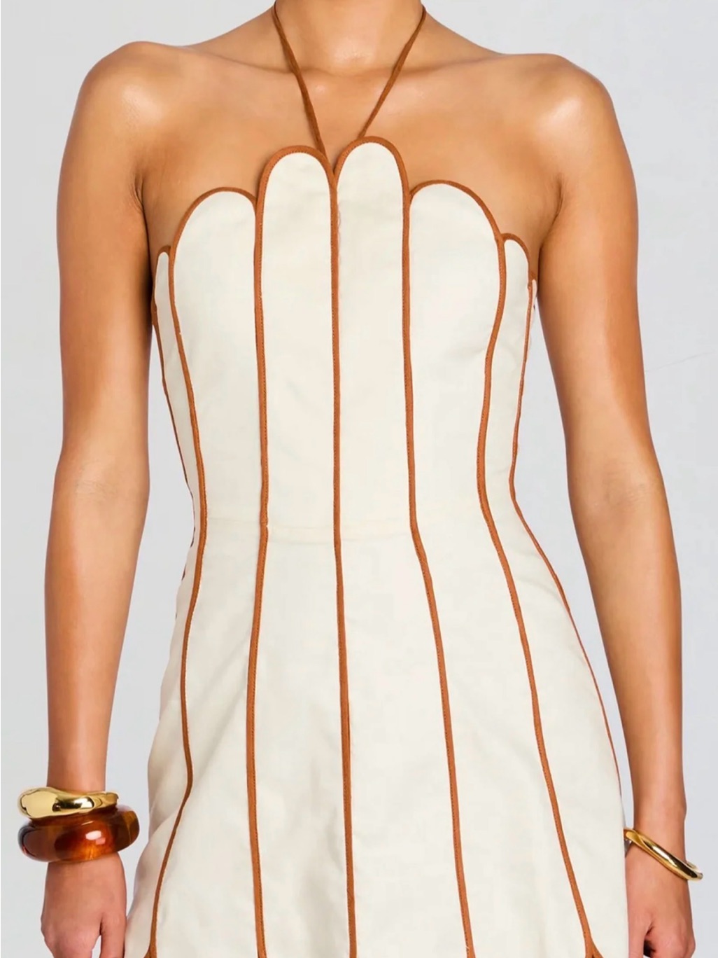 Scalloped Strapless Cream Dress With Brown Piping
